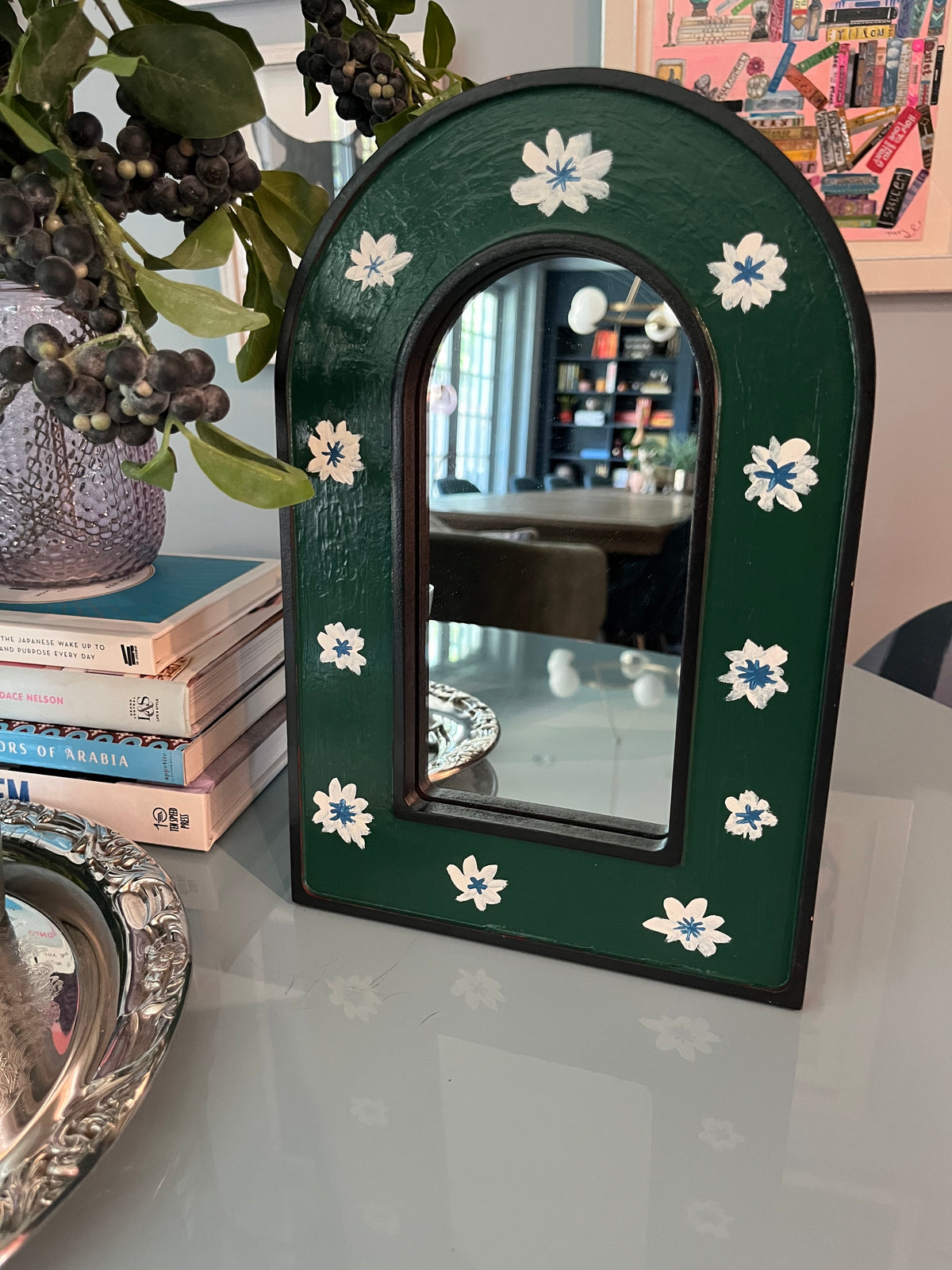 Green arch mirror hand painted with white flowers