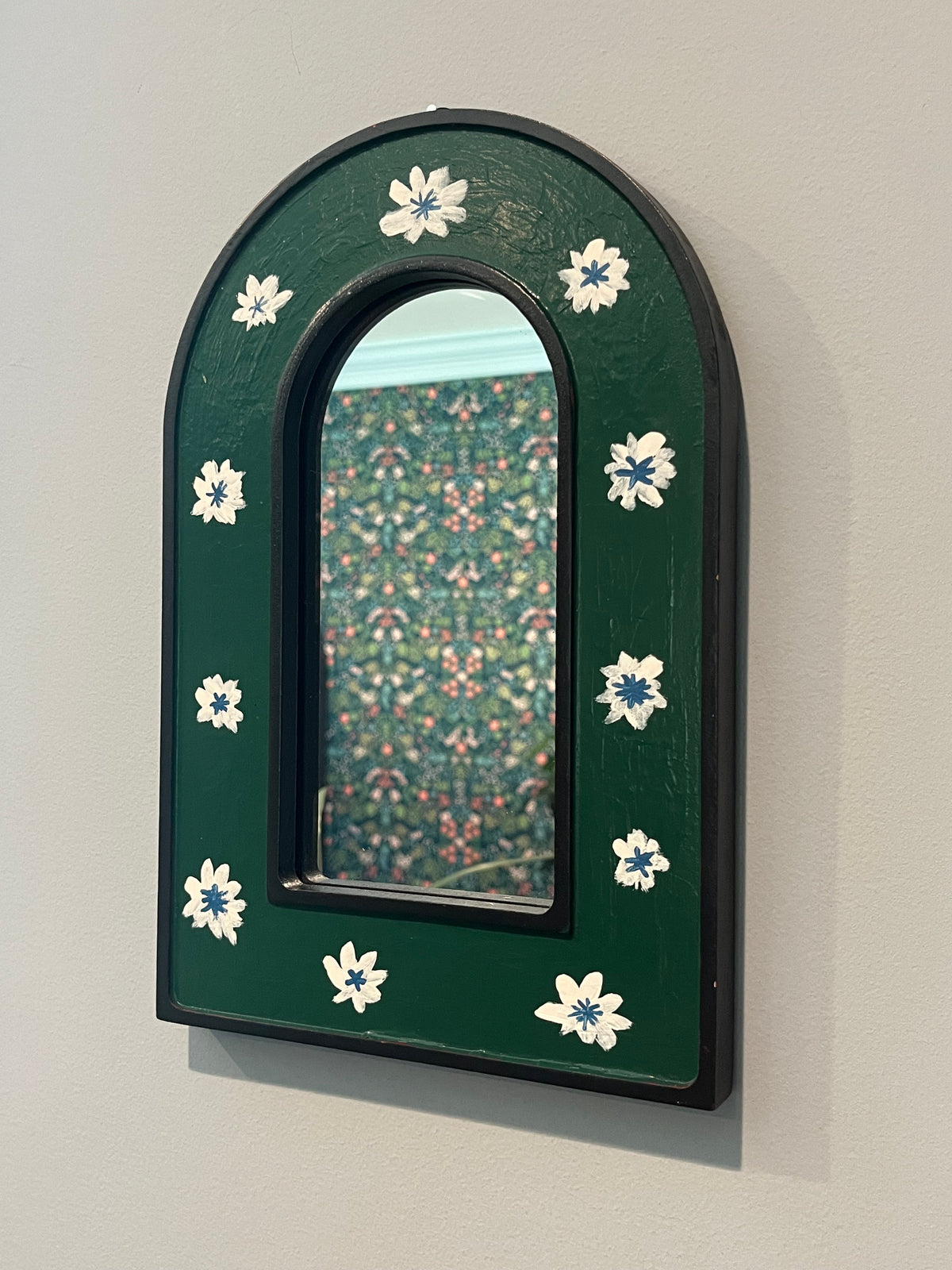 Green arch mirror hand painted with white flowers