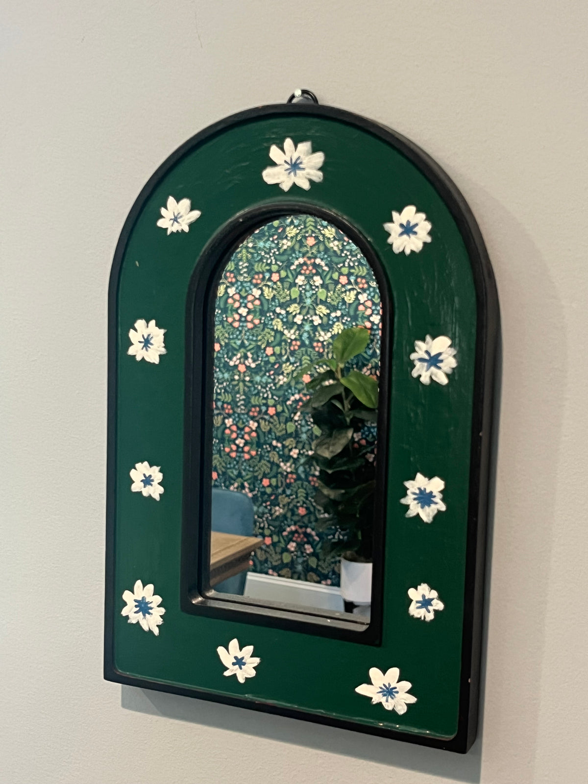 Green arch mirror hand painted with white flowers