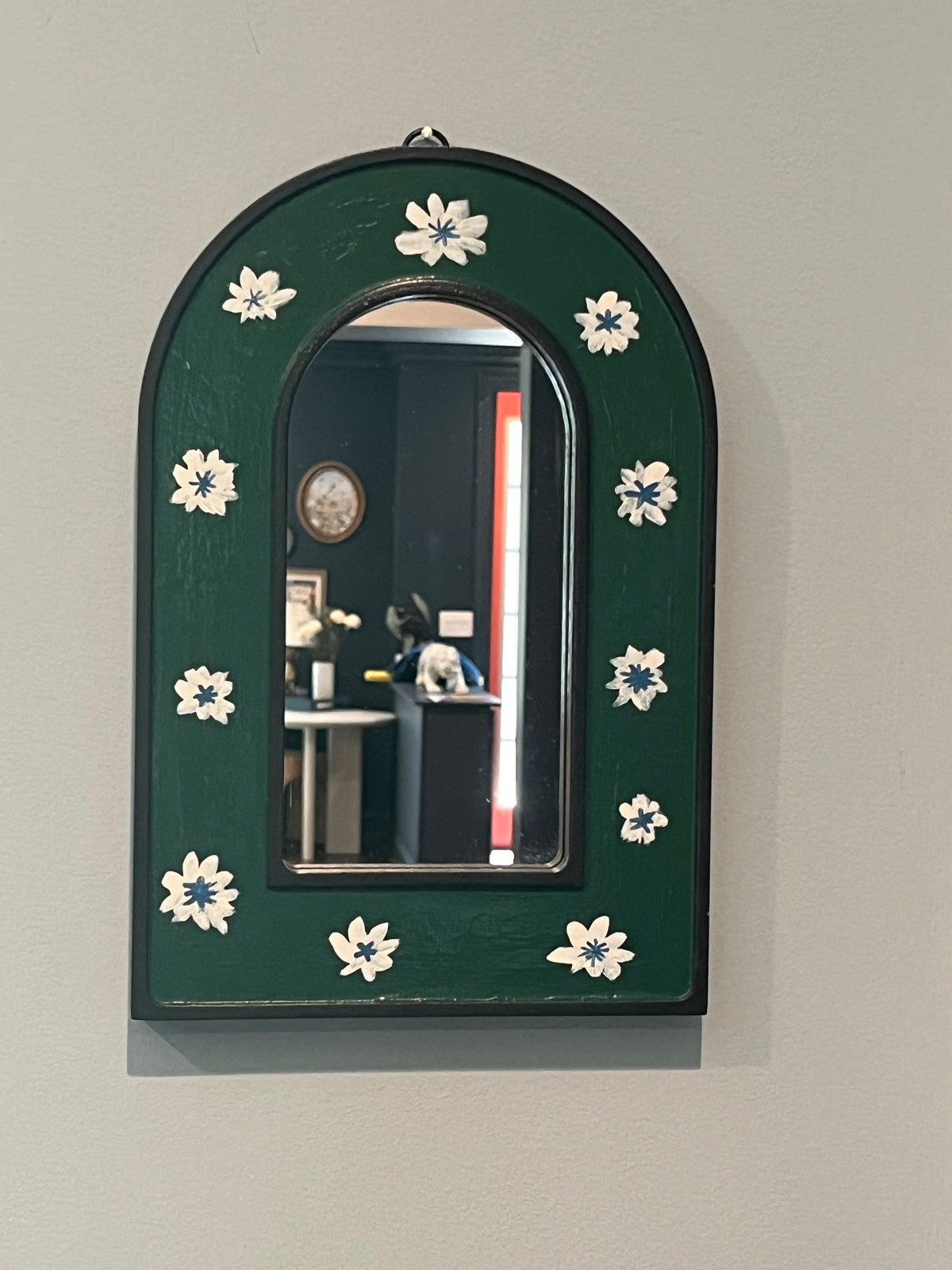 Green arch mirror hand painted with white flowers