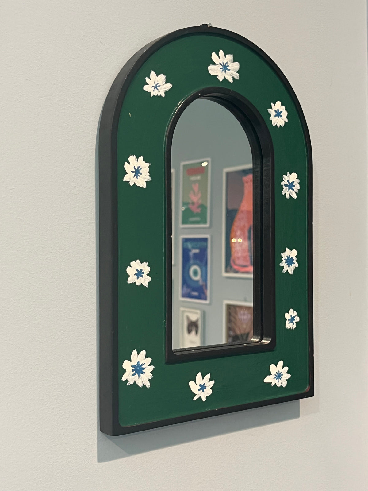 Green arch mirror hand painted with white flowers