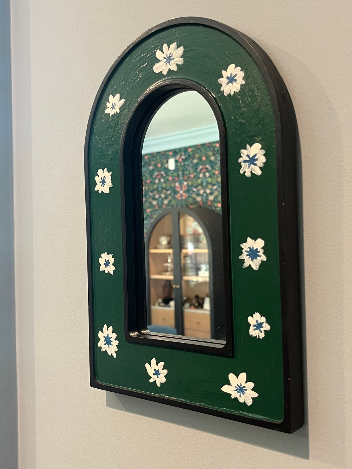Green arch mirror hand painted with white flowers